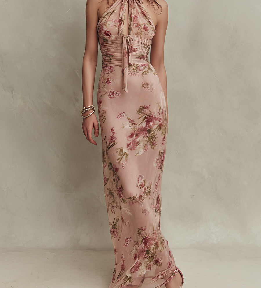 Bethany - Elegant Floral Print Chiffon Maxi Dress with Keyhole Neckline