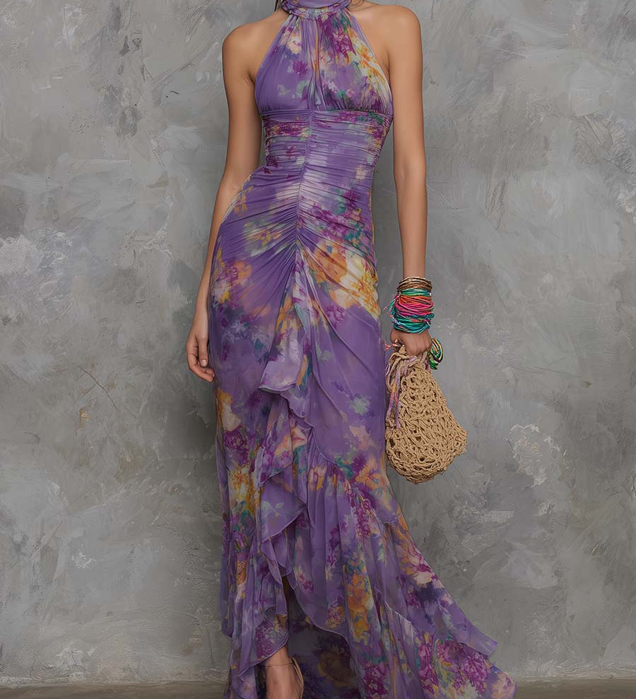 Adalynn - Elegant Purple Floral Chiffon Halter Maxi Dress