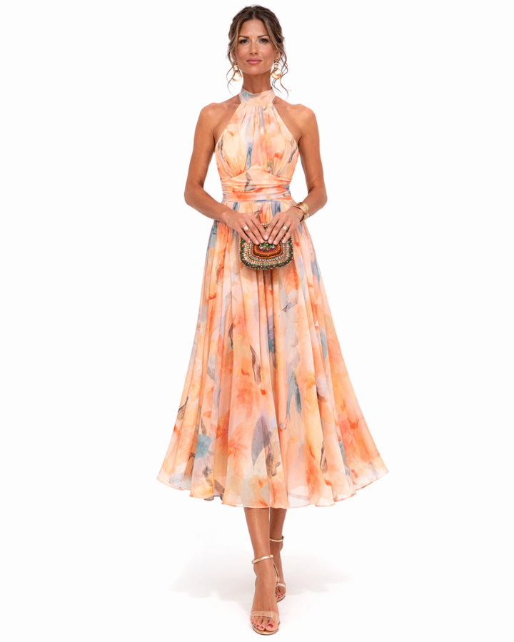 Miranda - Halter Neck Dress with Watercolour Print
