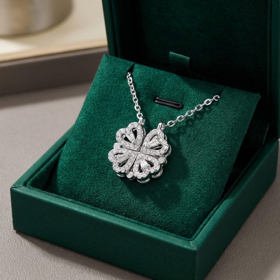 Golden Clover Necklace with Zircon Stone Heart Pendant