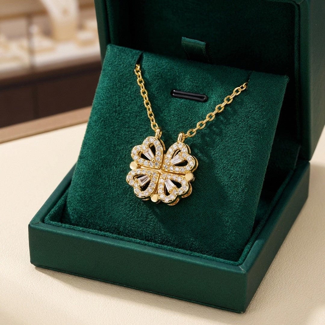 Golden Clover Necklace with Zircon Stone Heart Pendant