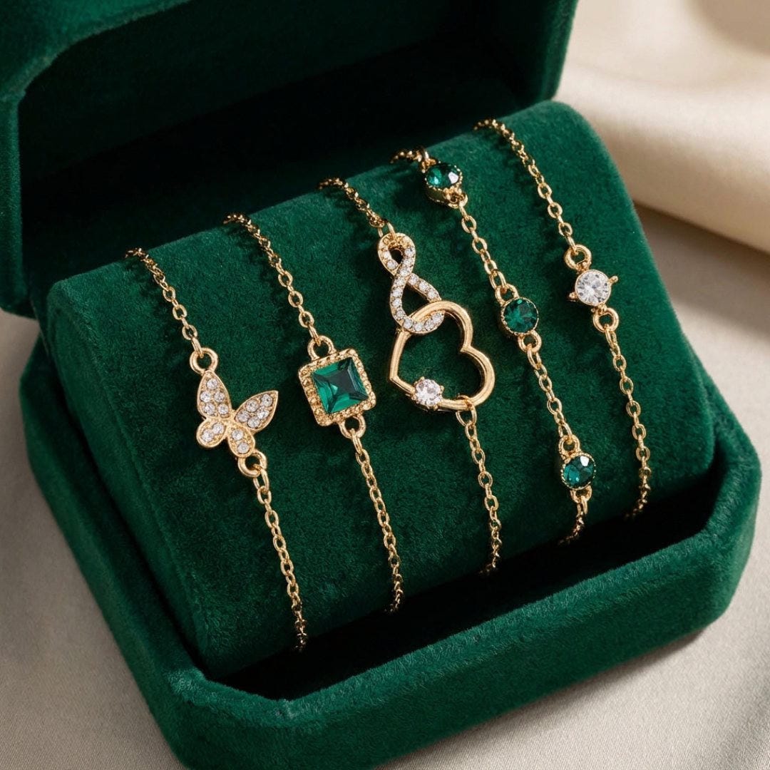 Hallow Heart Green Crystal Stone Bracelet Set