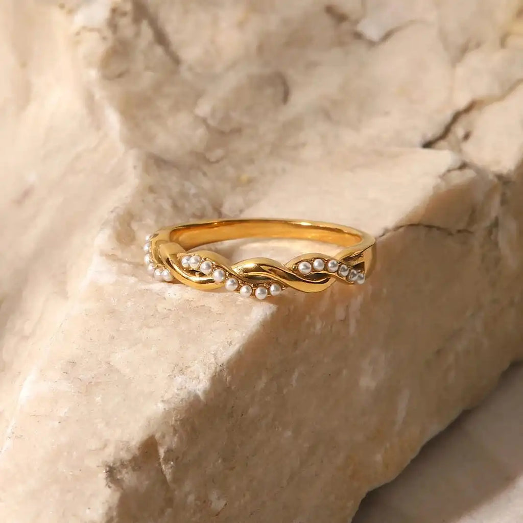 Dainty Gold Twisted Pearl Stacking Ring