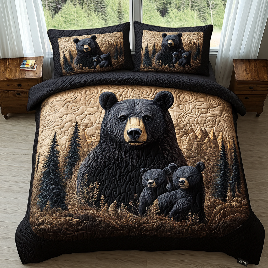 Black Bear Family 3-Piece Quilted Bedding Set NCU0DV2772
