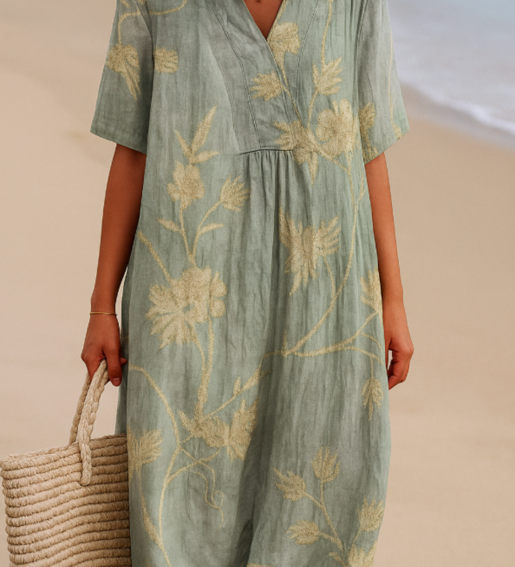 Shannon - Blue-Gray Dress with Floral Embroidery