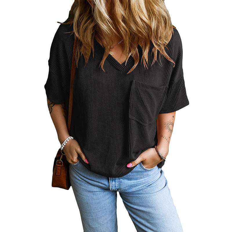 FREYA - Casual Textured Pocket V-Neck Tee