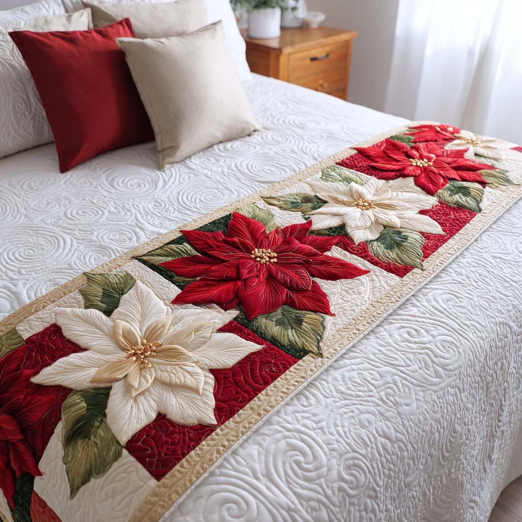 Poinsettia Blooms Quilted Bed Runner NCU0NT9792