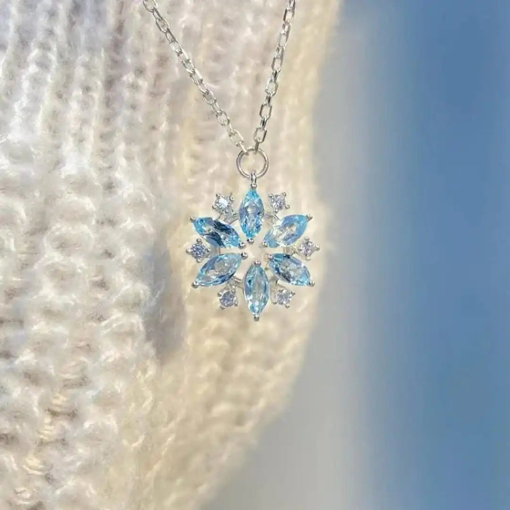Blue Snowflake White Gold Flower Pendant Necklace