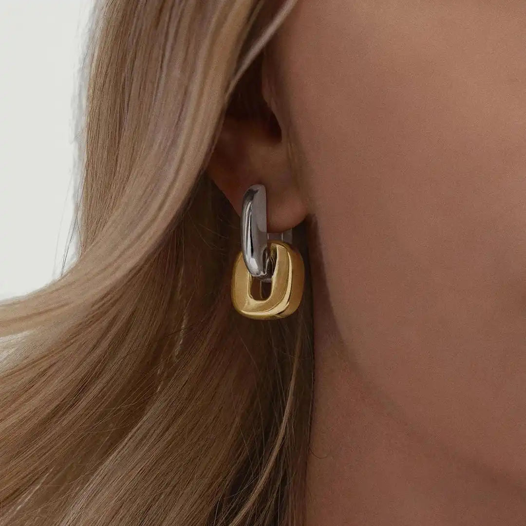 Minimalist Two Tone Gold Oval Earrings