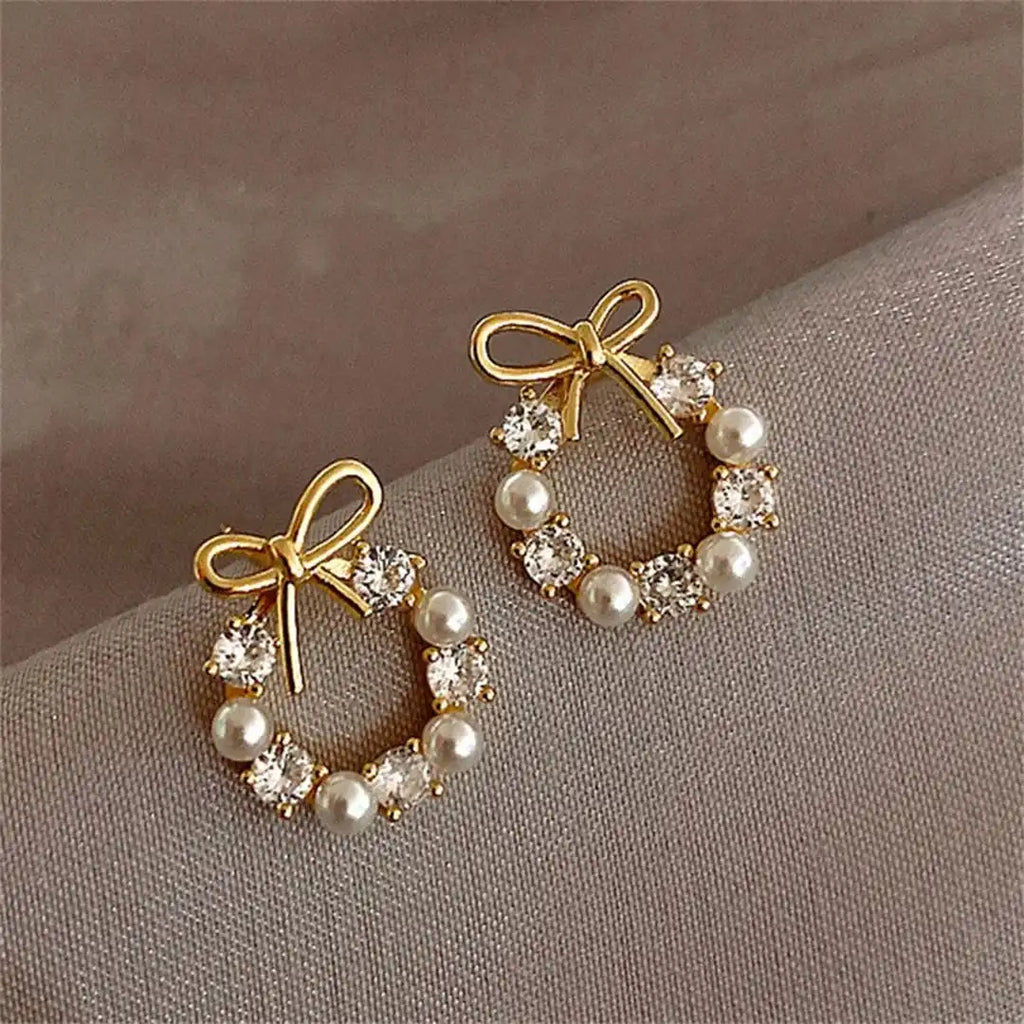 Bow Pearl Circle Stud Earrings