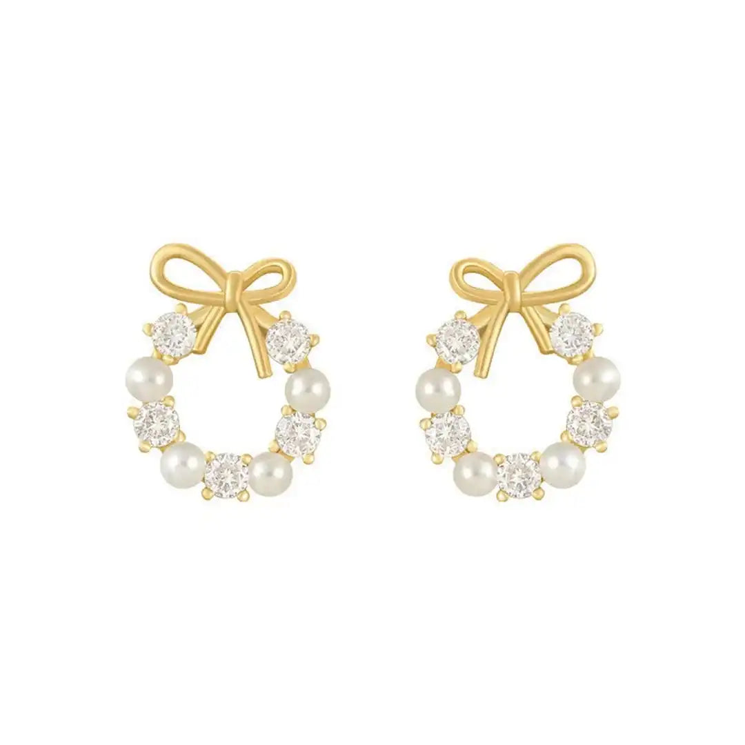 Bow Pearl Circle Stud Earrings
