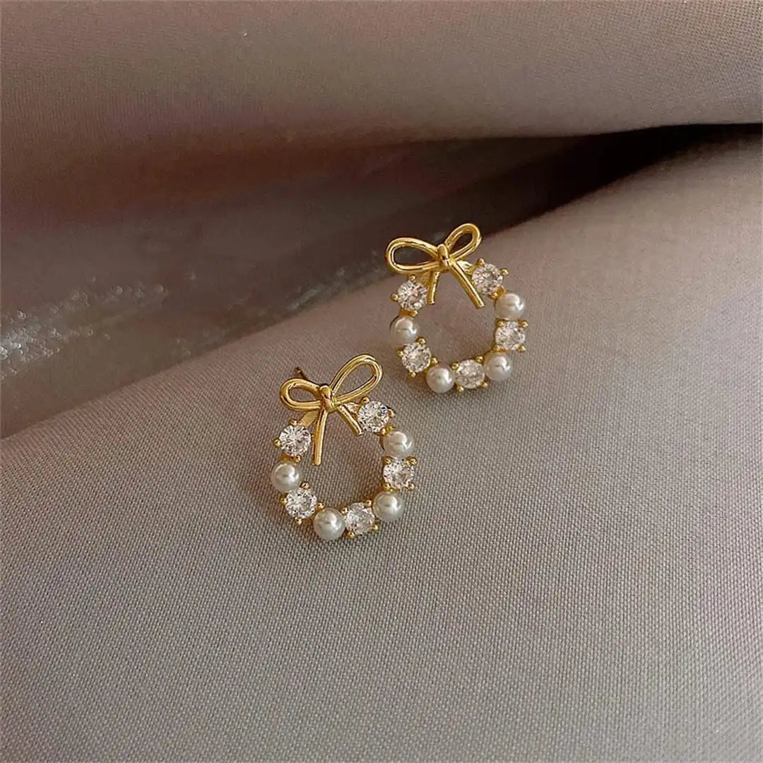 Bow Pearl Circle Stud Earrings