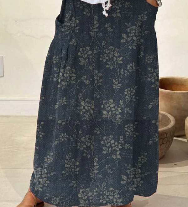 Women's Vintage Floral Linen Elastic waistband Pocket Skirt