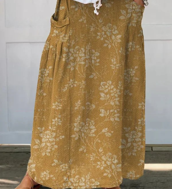 Women's Vintage Floral Linen Elastic waistband Pocket Skirt