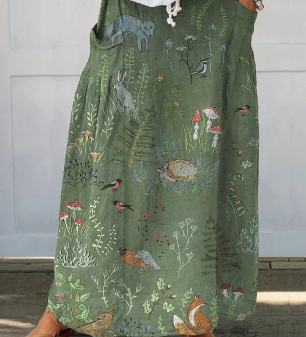 Woodland And Animals Pattern Printed Women's Linen Pocket Skirt