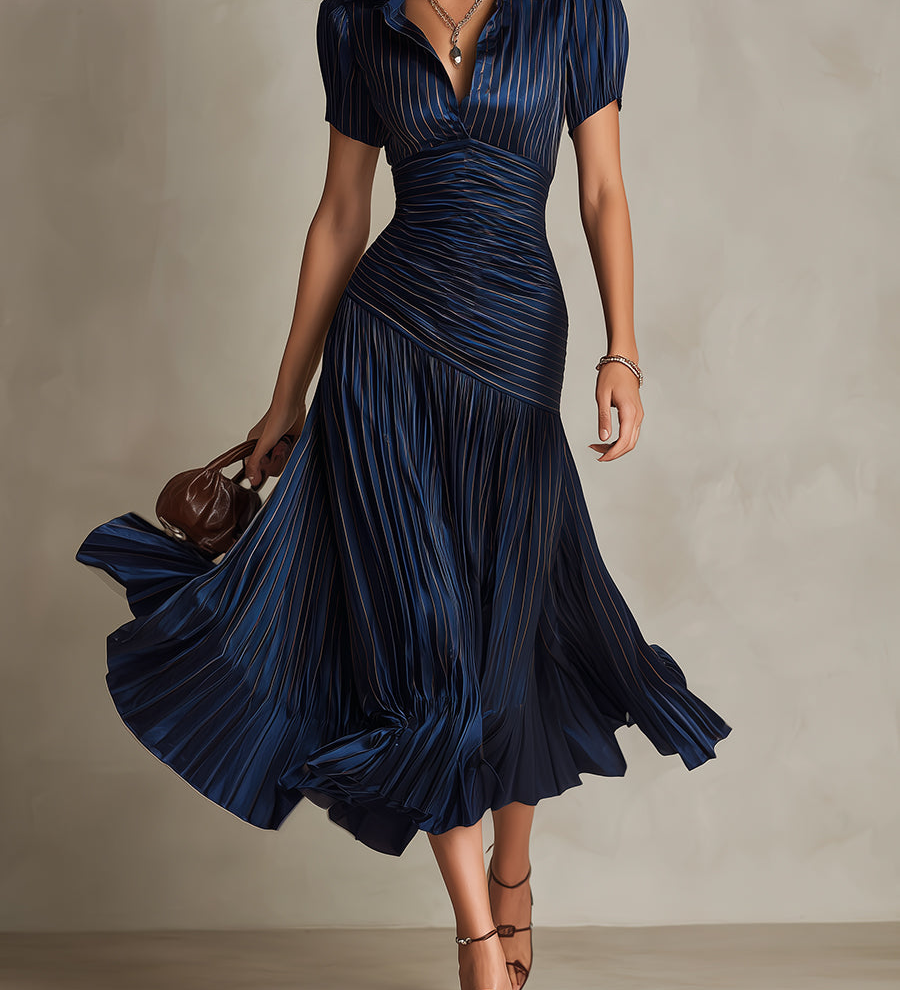 Shelby - Striped Shirt Collar Midi Dress