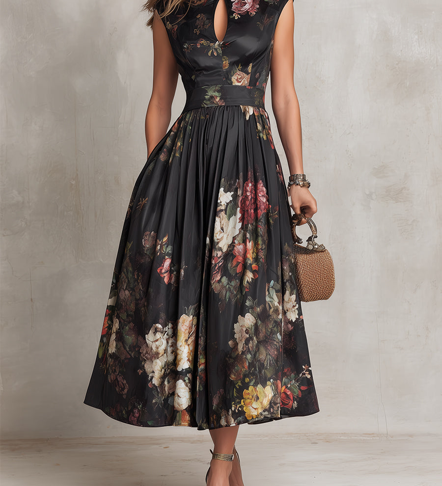 Courtney - Floral Keyhole Pleated Midi Dress