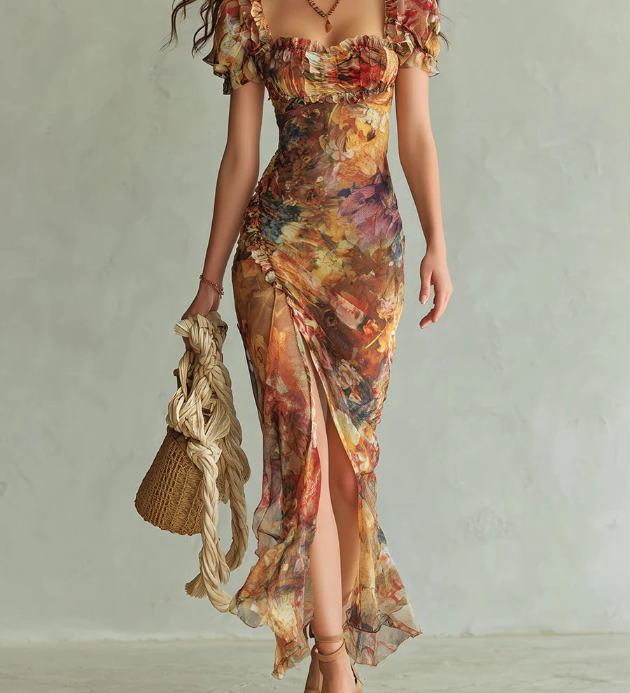 Aria - Long orange chiffon dress with bohemian-style oil painting print