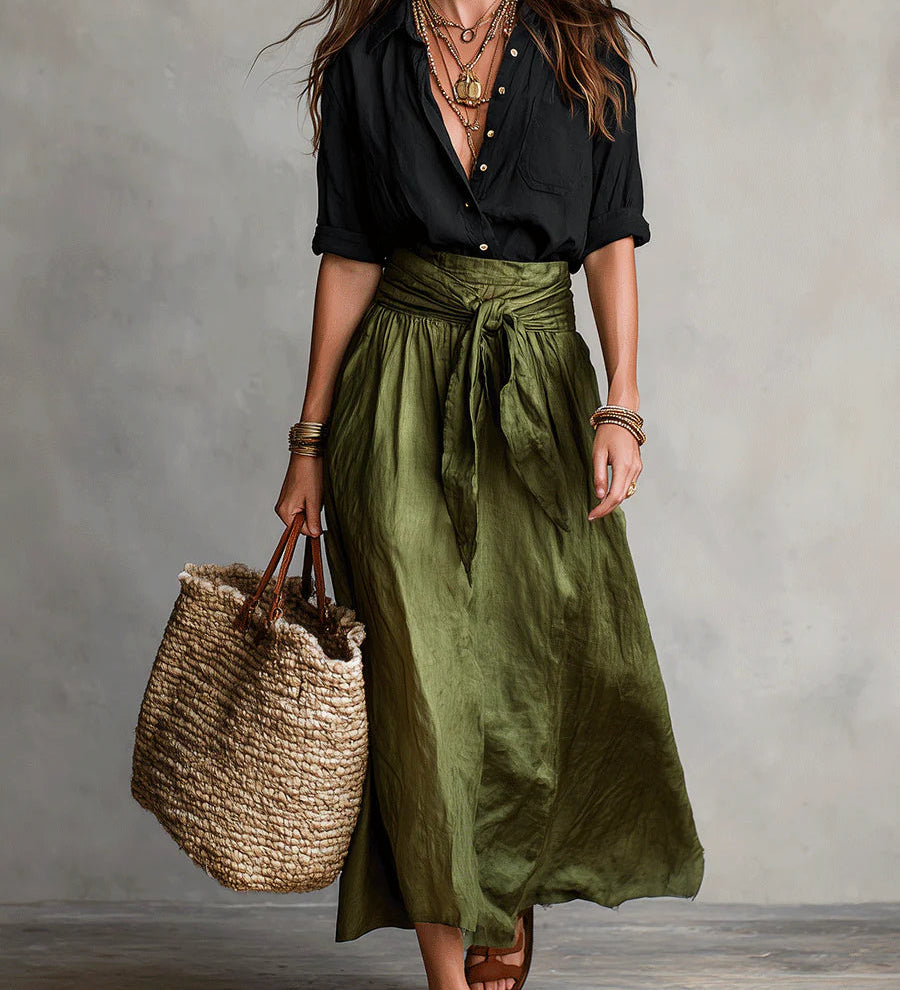 Lyla - Two-Piece Set: Black T-Shirt and Olive Green Midi Skirt