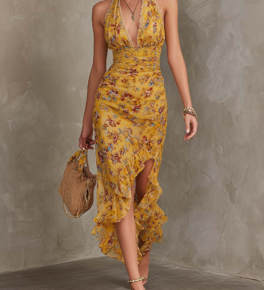 Emery - Ginger Yellow Floral Halter Neck Fitted Waist Chiffon Midi Dress
