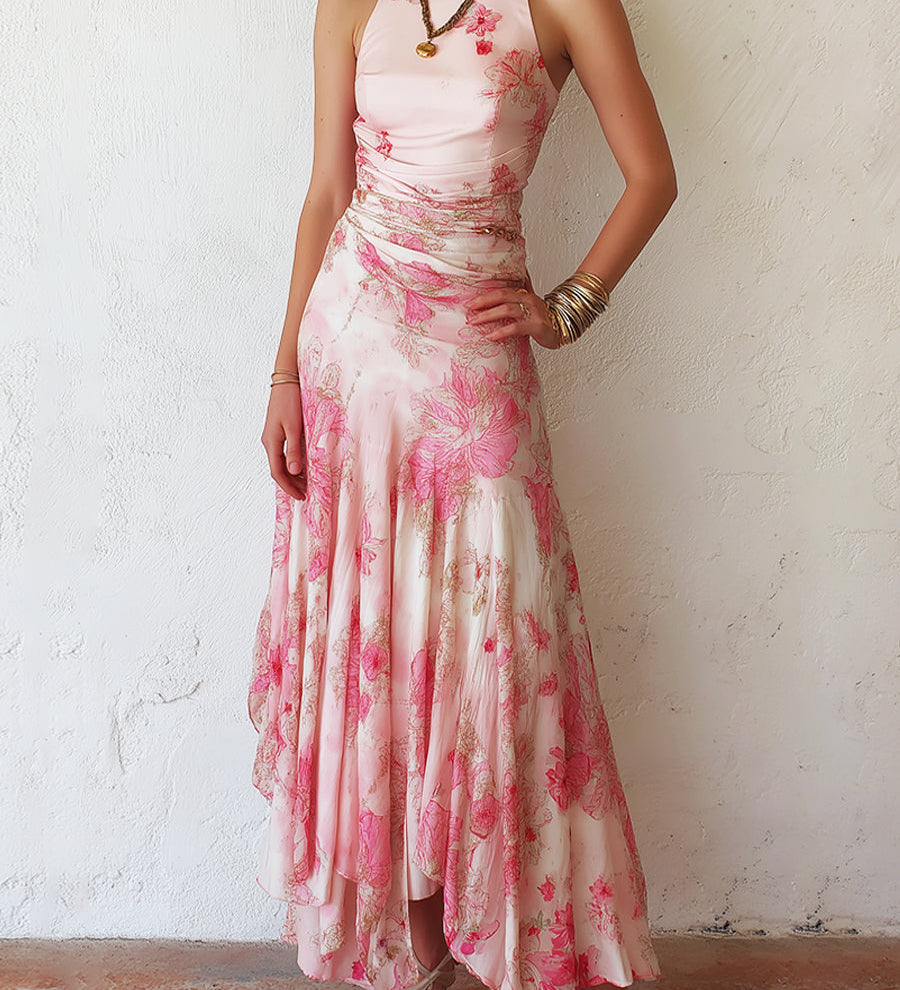 Alexandra - Pink Floral Chiffon Pleated Print Sleeveless Midi Dress