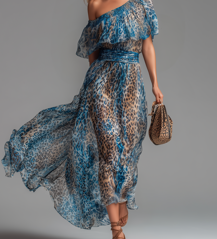 Lauren - Long chiffon dress with leopard print and bare shoulders