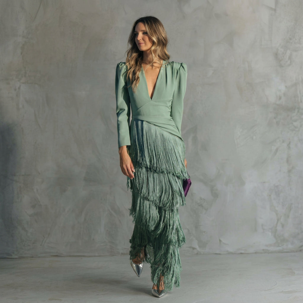 Monica - Long Fringe Dress with V-Neck