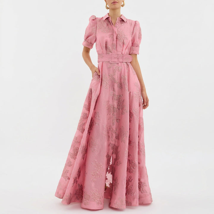 Margaret - Long Dress in Floral Jacquard with Belt