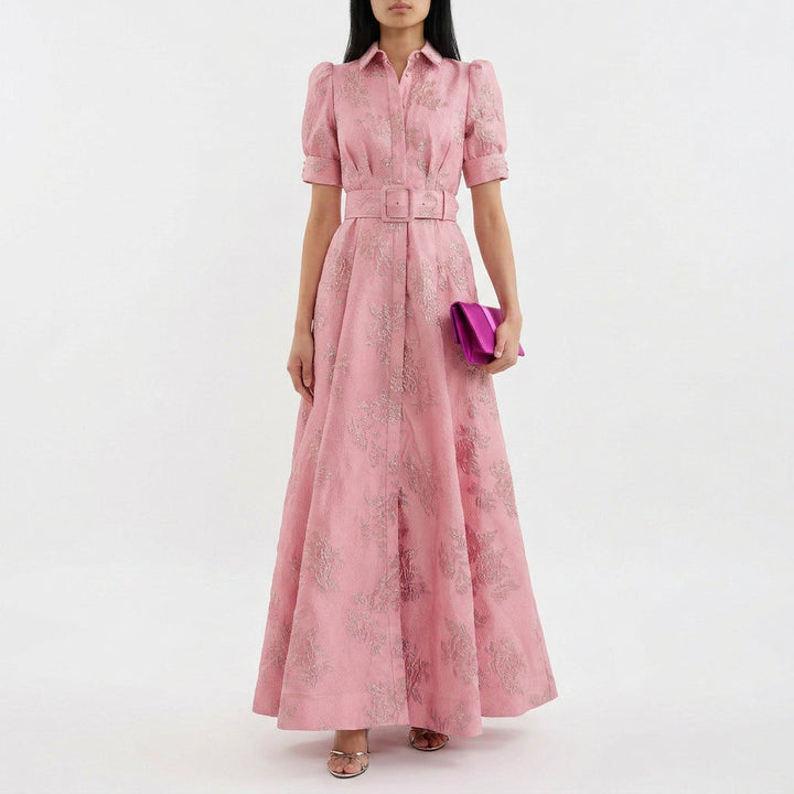 Margaret - Long Dress in Floral Jacquard with Belt