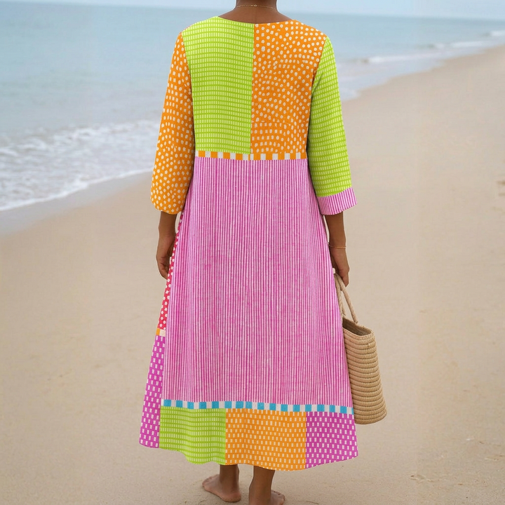 Heather - Colorful Patchwork Dress with Dots and Stripes