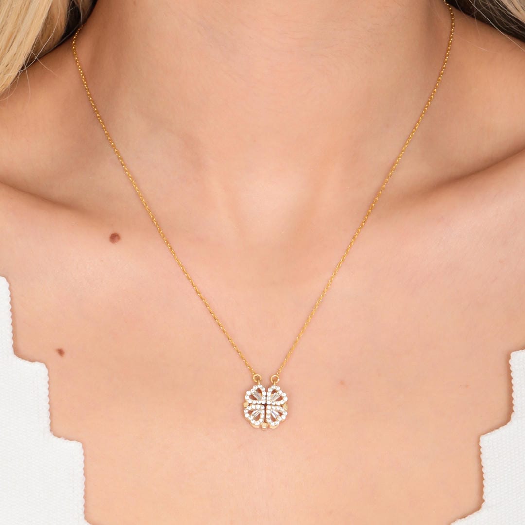 Golden Clover Necklace with Zircon Stone Heart Pendant