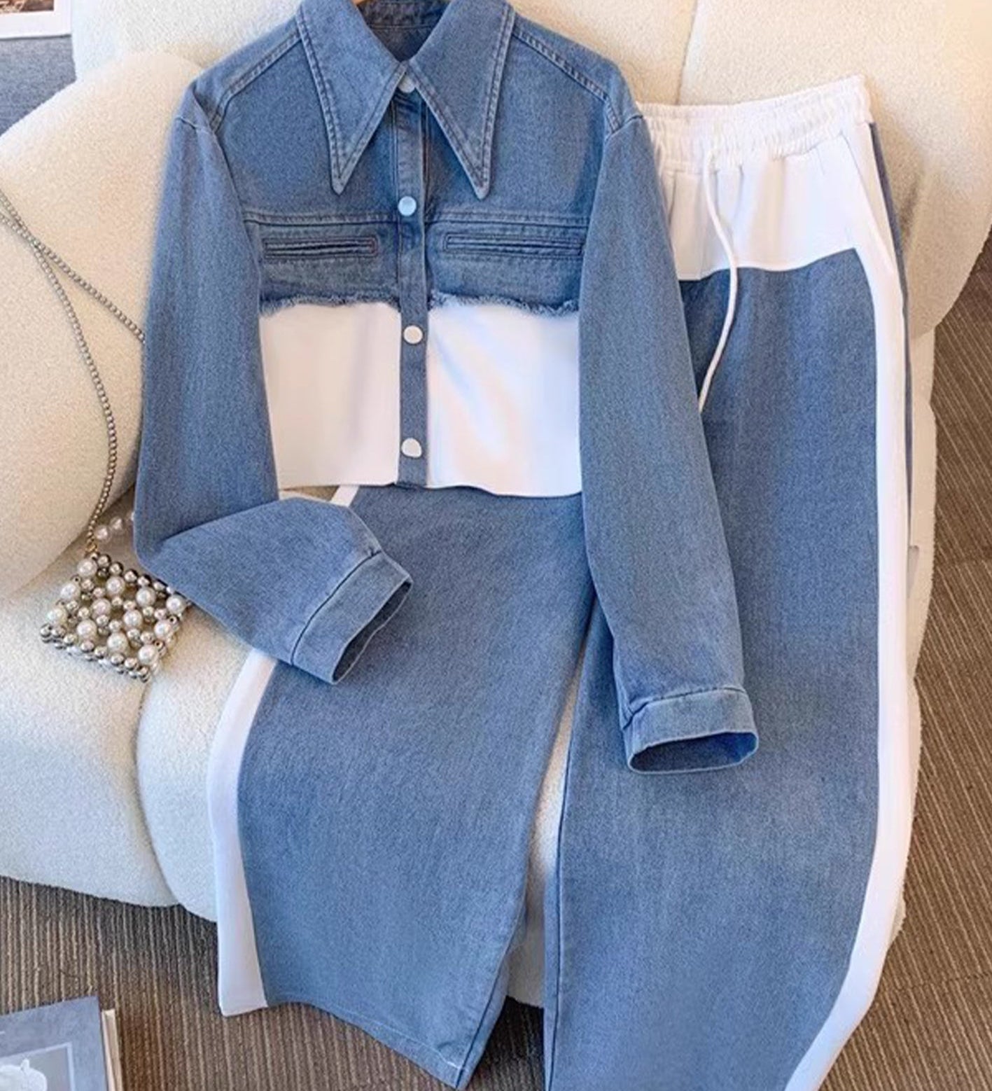 Natalie | Color-Block Cropped Jacket & Wide-Leg Pants Set