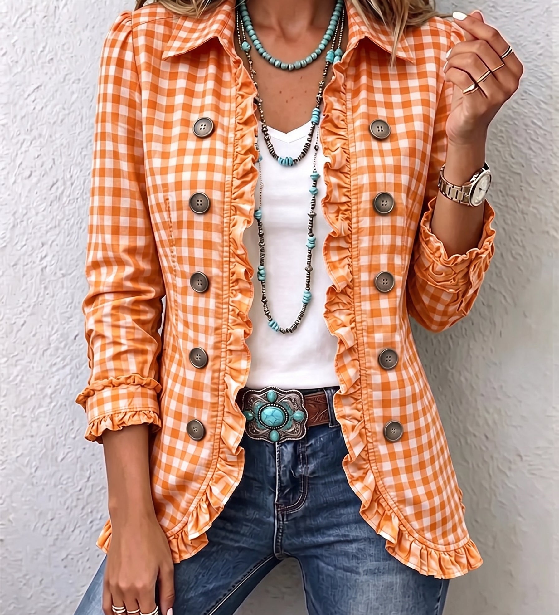 Evelyn | Gingham Ruffled Button-Down Jacket
