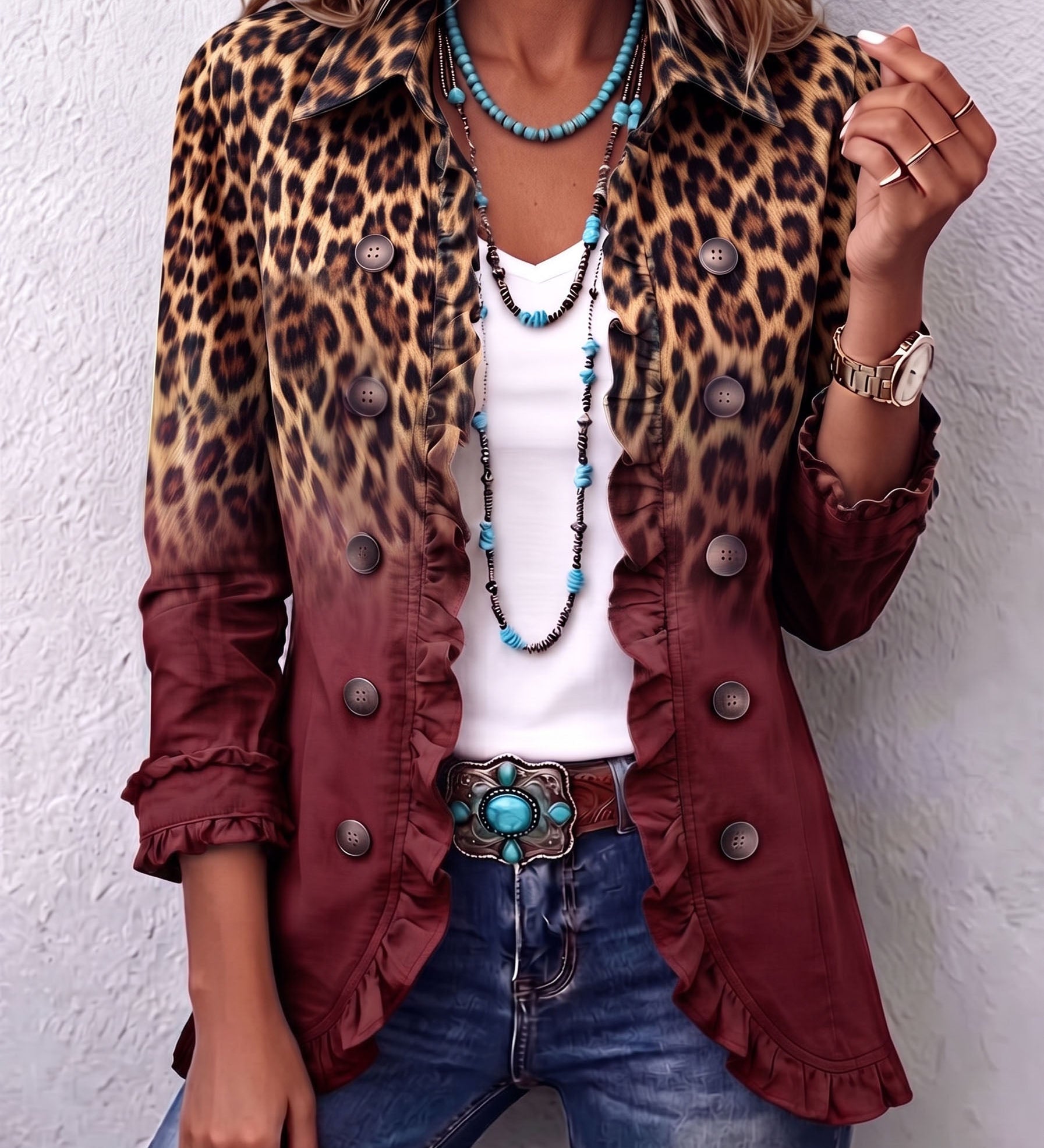 Emma | Leopard Ombre Ruffle Blazer Jacket