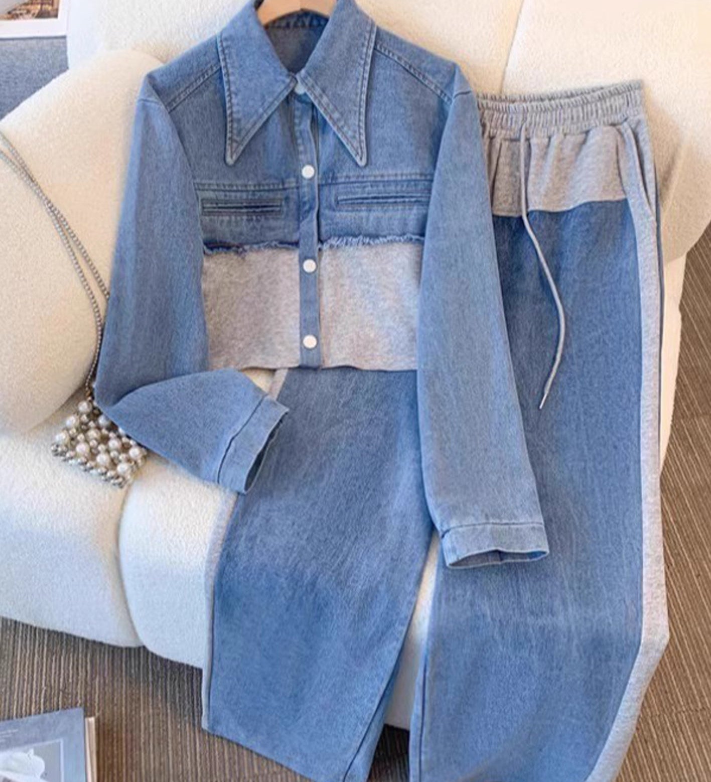 Natalie | Color-Block Cropped Jacket & Wide-Leg Pants Set