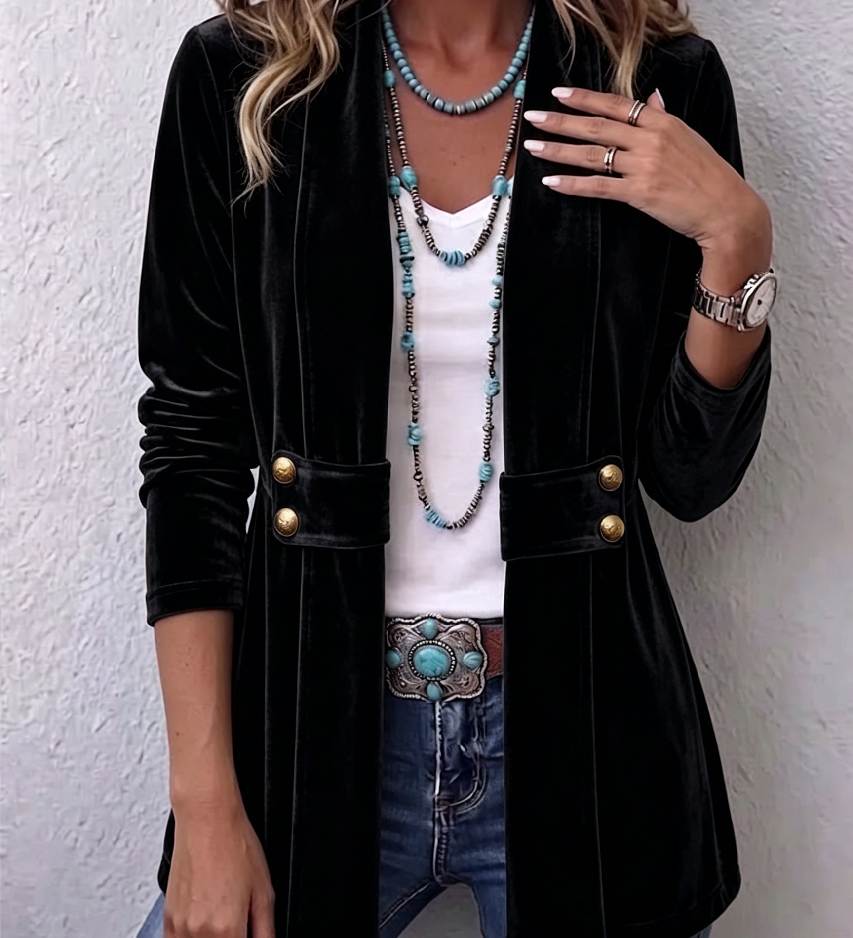 Avery | Vintage Lapel Button-Accent Long Sleeve Open Front Jacket
