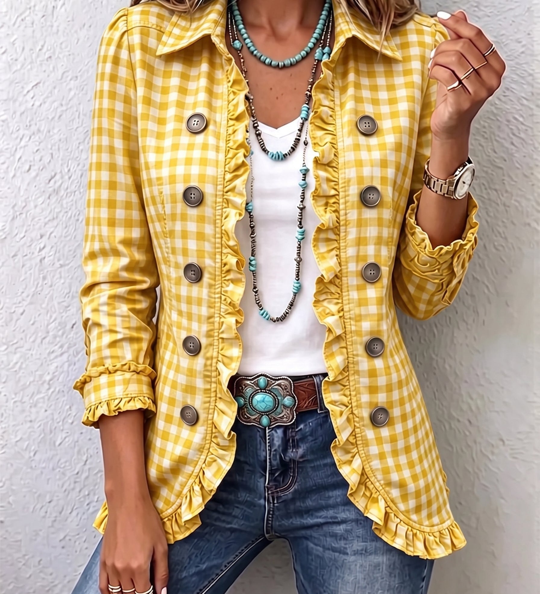 Evelyn | Gingham Ruffled Button-Down Jacket