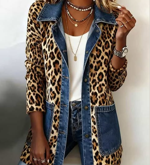 Nora | Leopard Print Denim Panel Contrast Longline Jacket